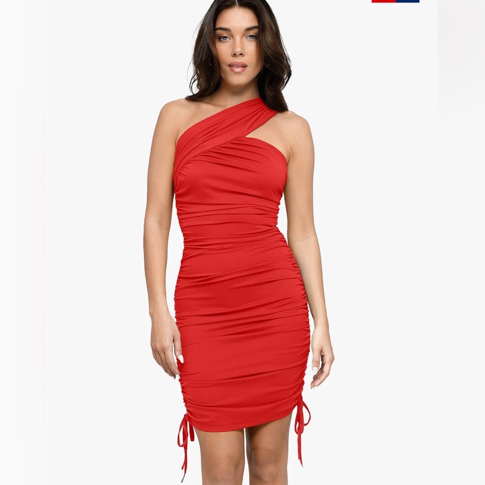 Red One-Shoulder Ruched Mini Dress - Women's